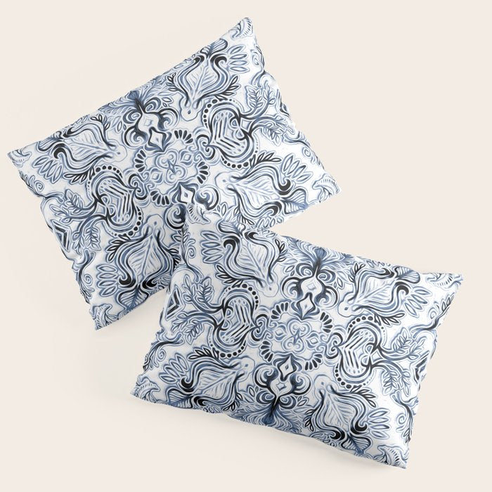 Indigo, Navy Blue and White Calligraphy Doodle Pattern Pillow Sham Gallery Image 3