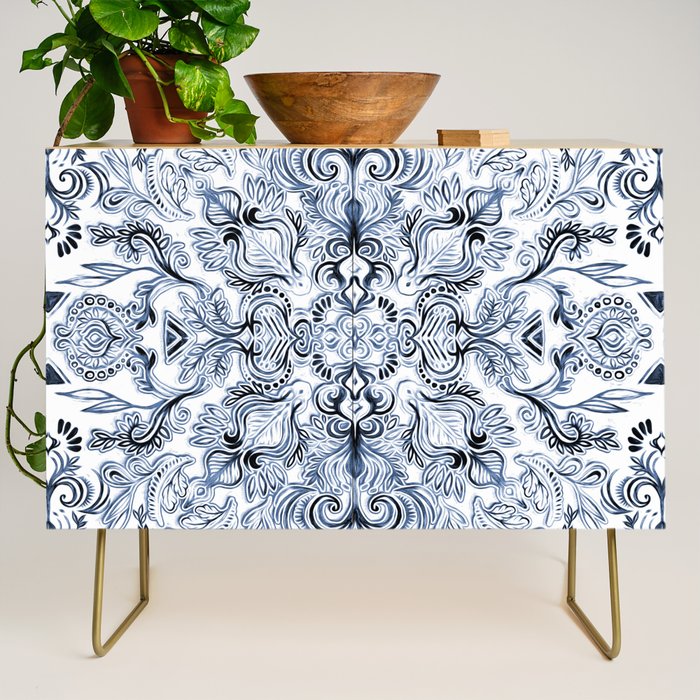 Indigo, Navy Blue and White Calligraphy Doodle Pattern Credenza Gallery Image 1