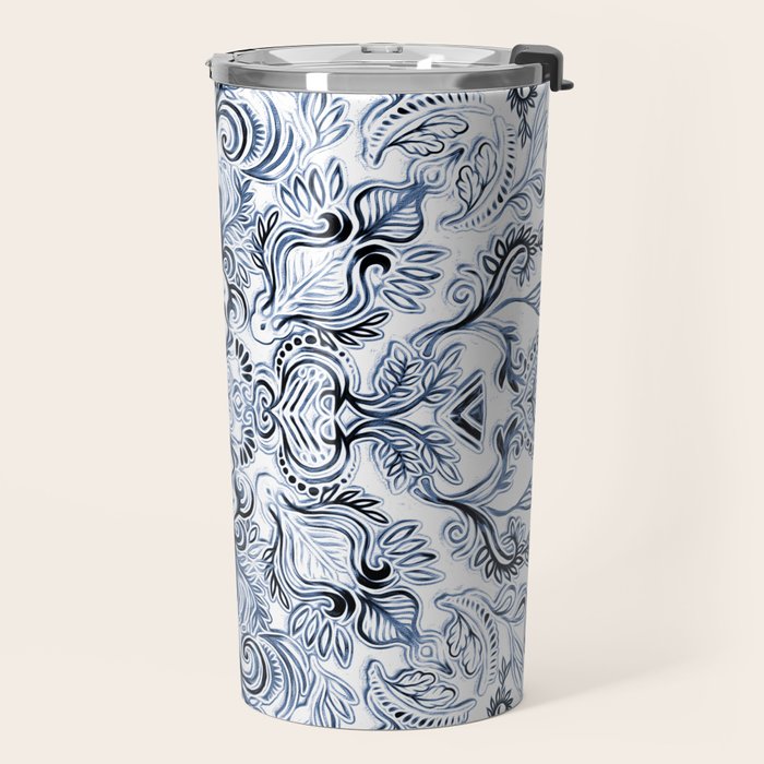 Indigo, Navy Blue and White Calligraphy Doodle Pattern Travel Mug Gallery Image 2