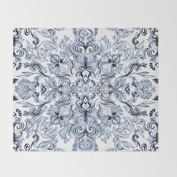 Indigo, Navy Blue and White Calligraphy Doodle Pattern Throw Blanket Gallery Image 2