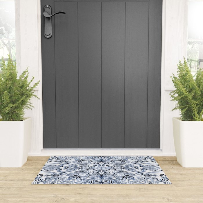 Indigo, Navy Blue and White Calligraphy Doodle Pattern Welcome Mat Gallery Image 3