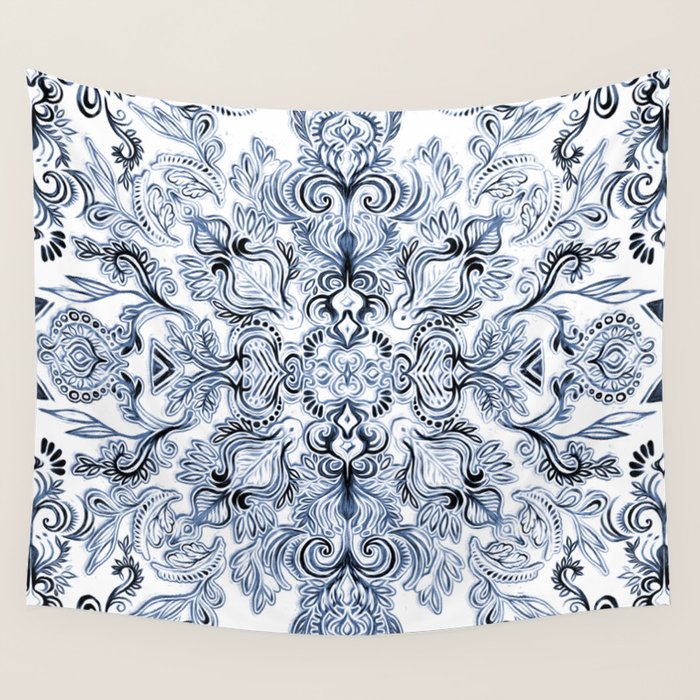 Indigo, Navy Blue and White Calligraphy Doodle Pattern Wall Tapestry Gallery Image 4