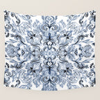 Indigo, Navy Blue and White Calligraphy Doodle Pattern Wall Tapestry Gallery Image 4