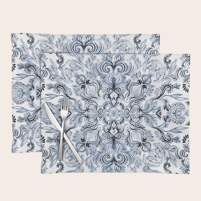 Indigo, Navy Blue and White Calligraphy Doodle Pattern Placemat Gallery Image 1