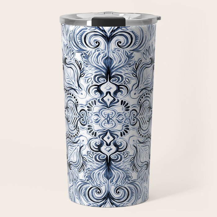Indigo, Navy Blue and White Calligraphy Doodle Pattern Travel Mug Gallery Image 1