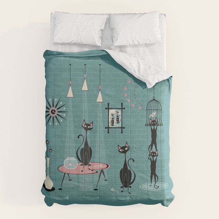 Mid Century Kitty Mischief - ©studioxtine Comforter Gallery Image 1