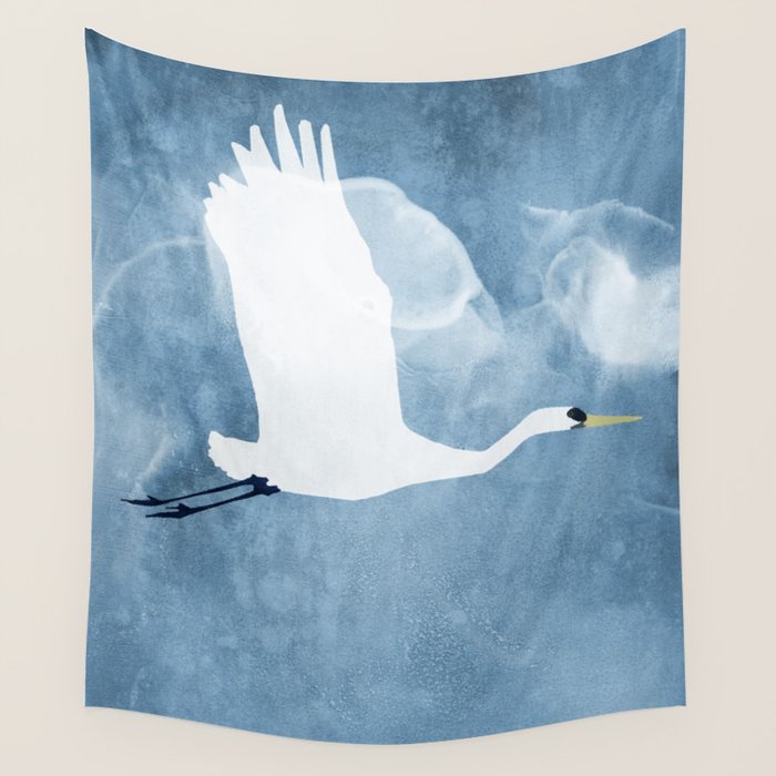 White Egret in Flight Illustration Wings Up  Wall Tapestry Gallery Image 1