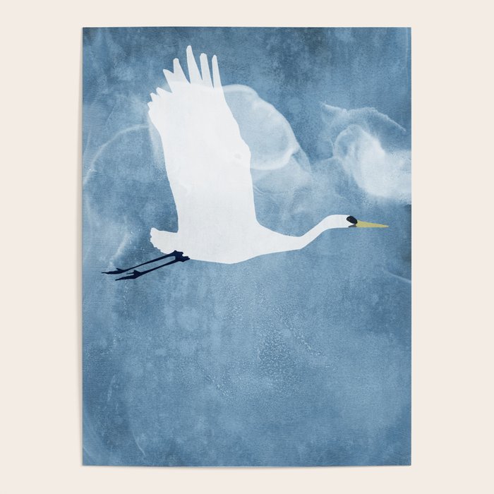 White Egret in Flight Illustration Wings Up  Poster Gallery Image 1