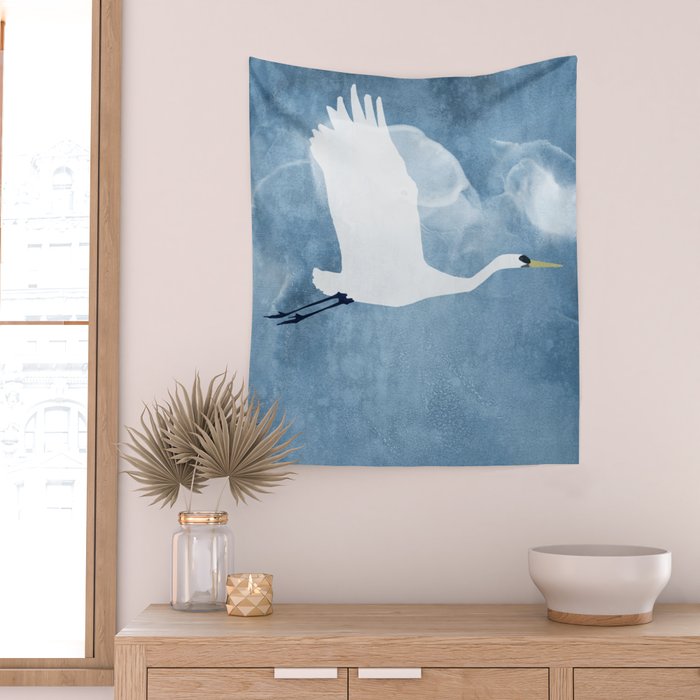 White Egret in Flight Illustration Wings Up  Wall Tapestry Gallery Image 2