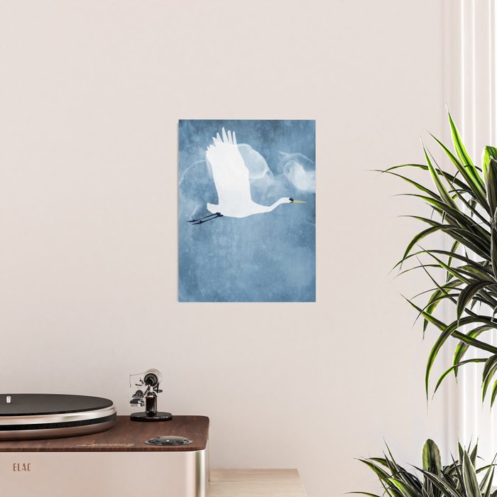 White Egret in Flight Illustration Wings Up  Poster Gallery Image 2
