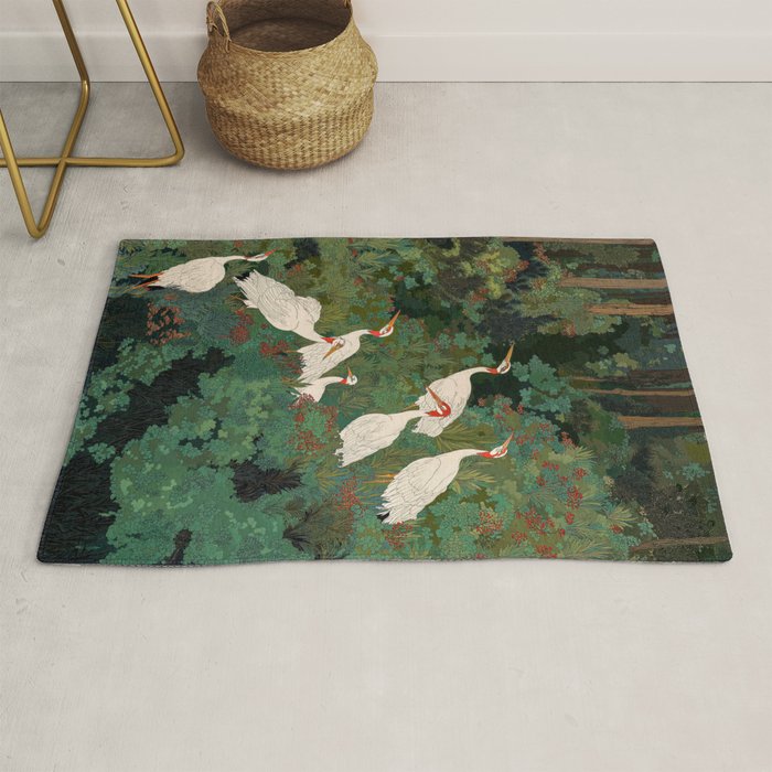 Japandi Wall Art Maximalist japanese chinoiserie Bird wabi sabi green Heron Painting for living room Rug Gallery Image 1