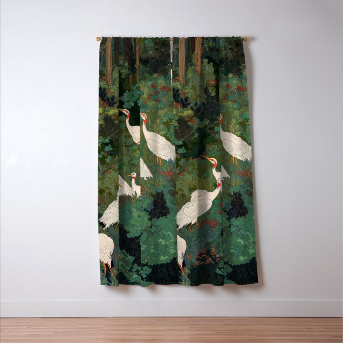 Japandi Wall Art Maximalist japanese chinoiserie Bird wabi sabi green Heron Painting for living room Window Curtain Gallery Image 3