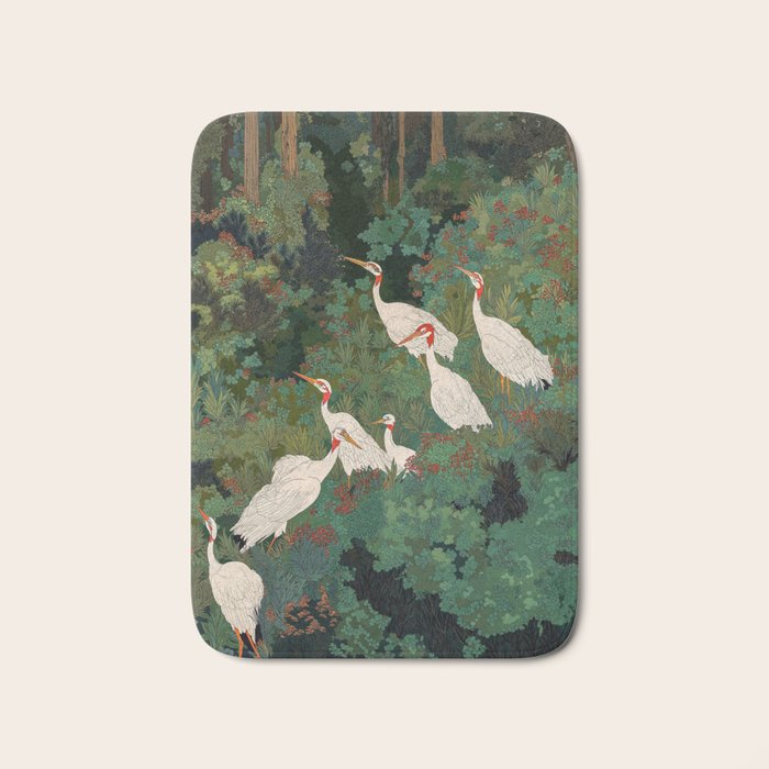 Japandi Wall Art Maximalist japanese chinoiserie Bird wabi sabi green Heron Painting for living room Bath Mat Gallery Image 1