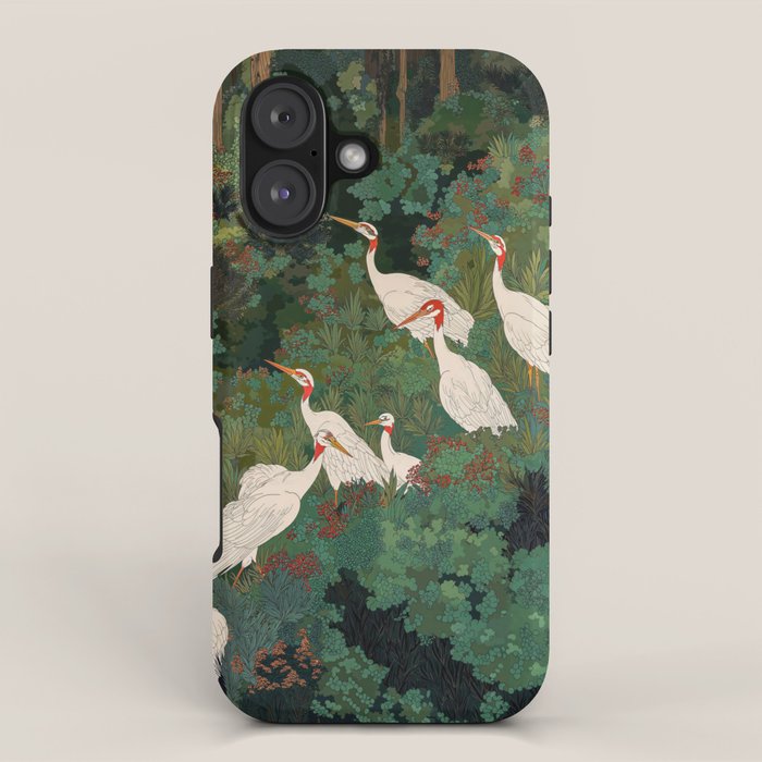 Japandi Wall Art Maximalist japanese chinoiserie Bird wabi sabi green Heron Painting for living room iPhone Case Gallery Image 1