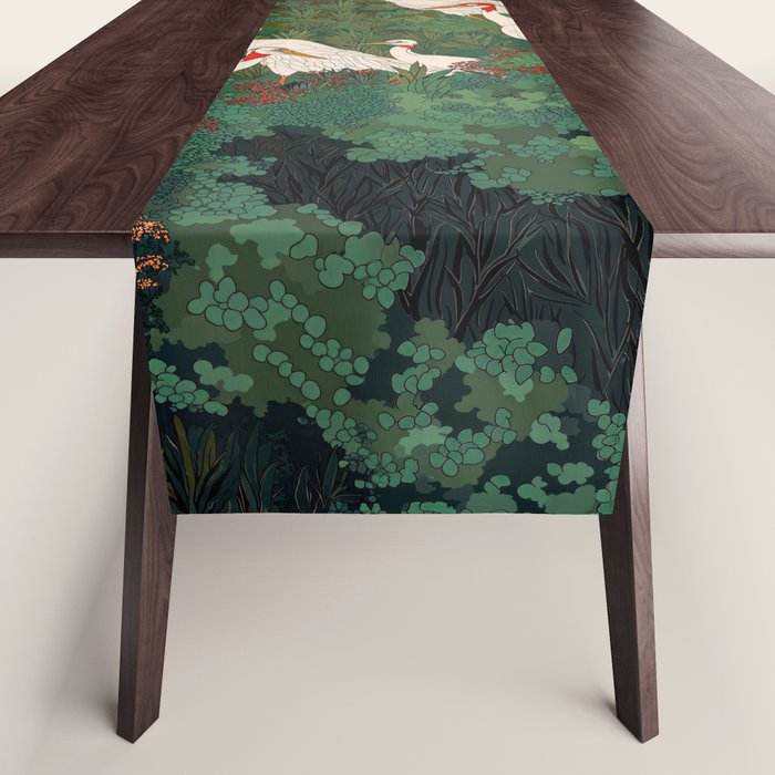 Japandi Wall Art Maximalist japanese chinoiserie Bird wabi sabi green Heron Painting for living room Table Runner Gallery Image 1