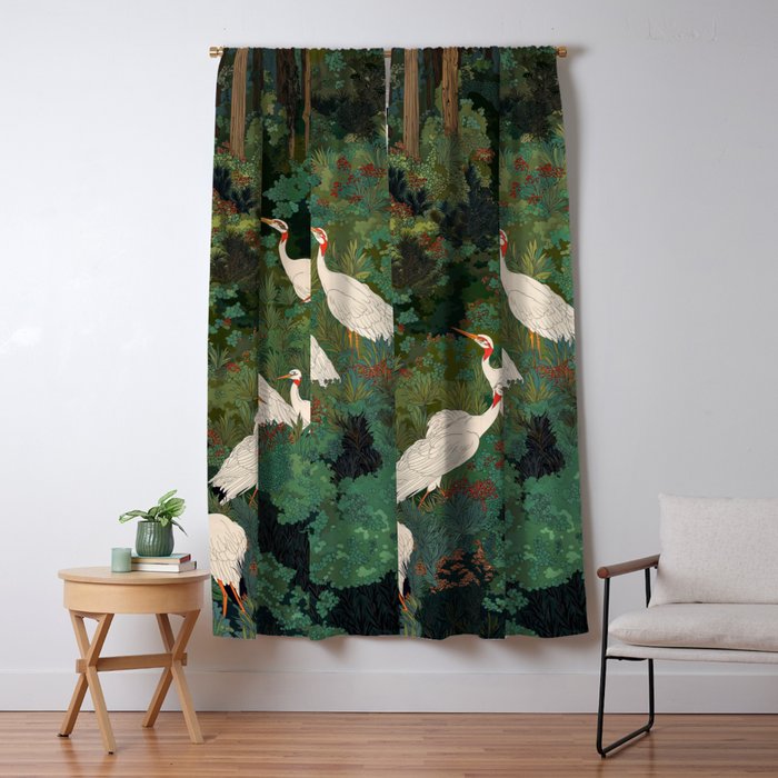 Japandi Wall Art Maximalist japanese chinoiserie Bird wabi sabi green Heron Painting for living room Window Curtain Gallery Image 5