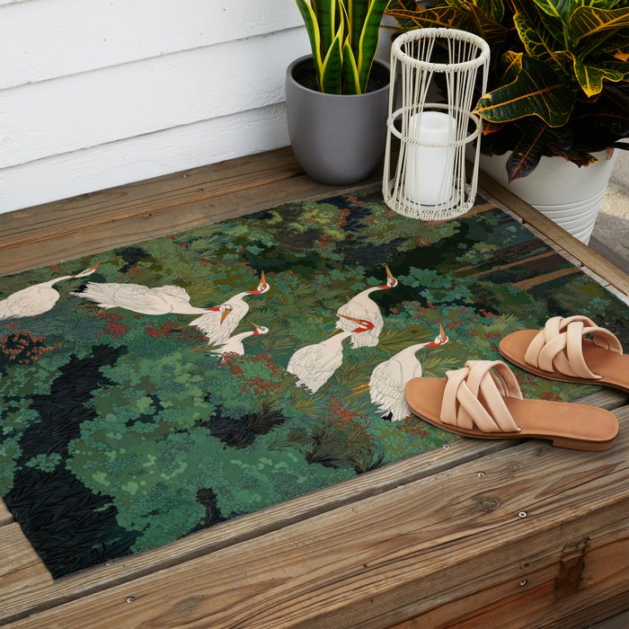 Japandi Wall Art Maximalist japanese chinoiserie Bird wabi sabi green Heron Painting for living room Outdoor Rug Gallery Image 2