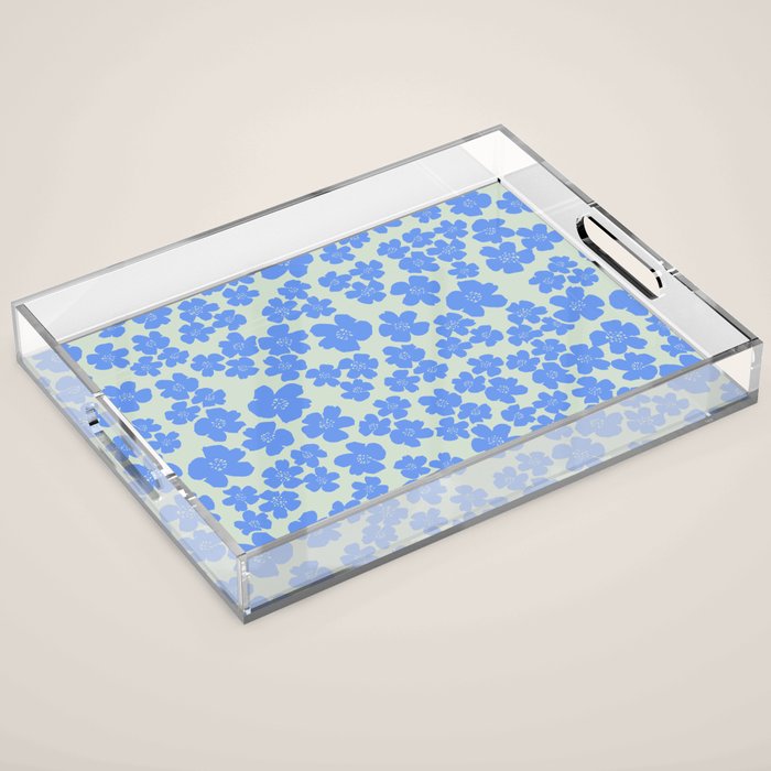 Blue flower blossom scatter on soft green Acrylic Tray Gallery Image 1