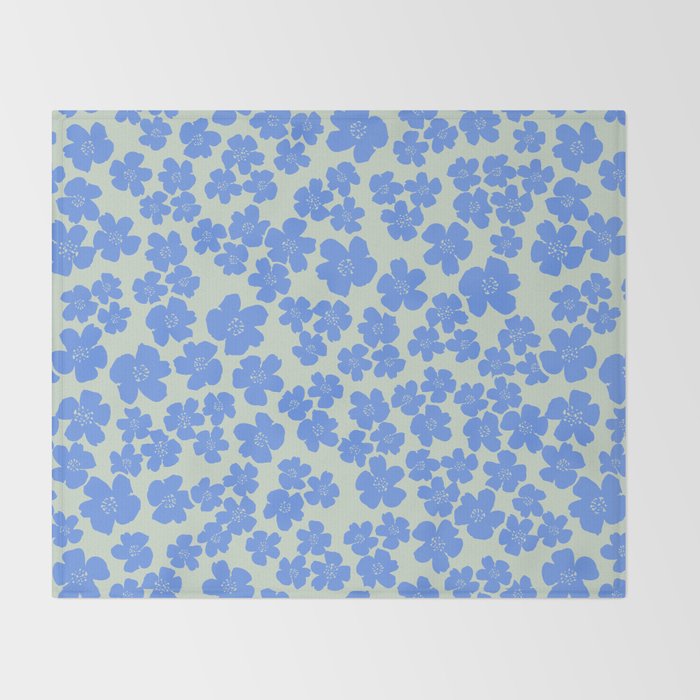Blue flower blossom scatter on soft green Throw Blanket Gallery Image 2