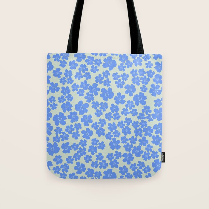Blue flower blossom scatter on soft green Tote Bag Gallery Image 1