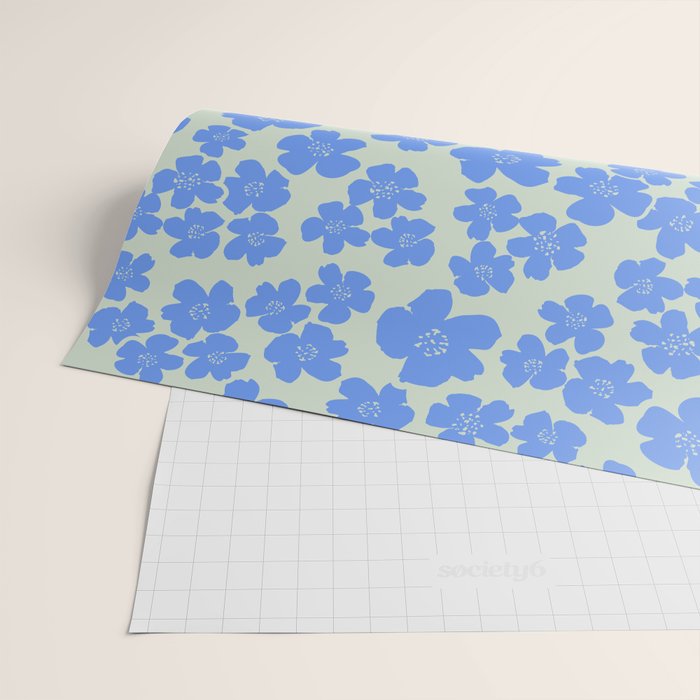 Blue flower blossom scatter on soft green Wrapping Paper Gallery Image 2