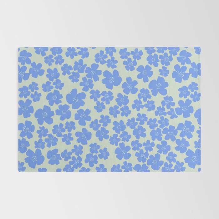 Blue flower blossom scatter on soft green Rug Gallery Image 2