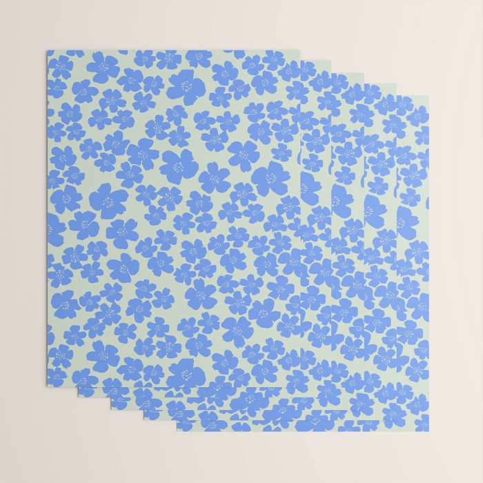 Blue flower blossom scatter on soft green Wrapping Paper Gallery Image 3