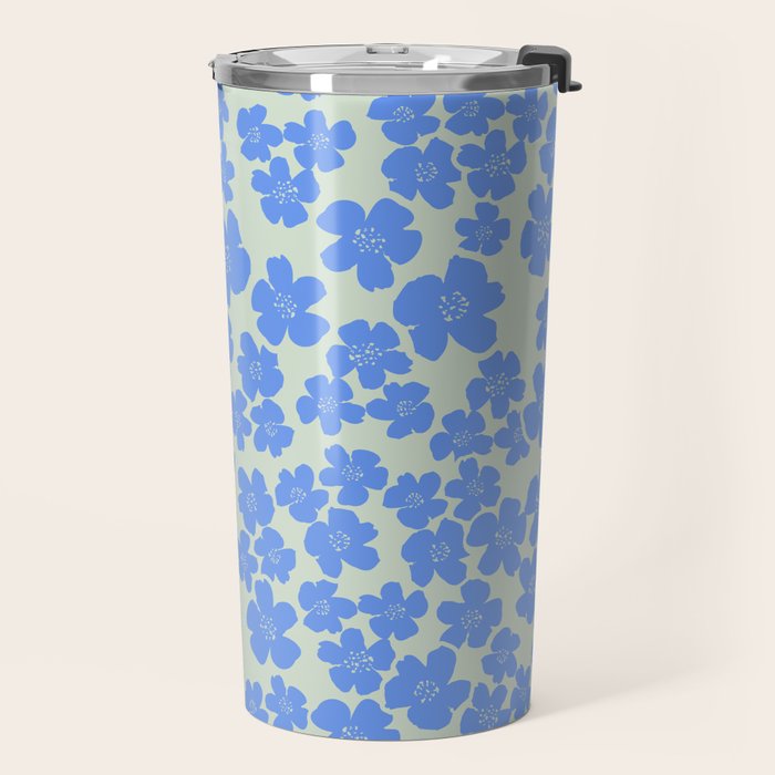 Blue flower blossom scatter on soft green Travel Mug Gallery Image 2