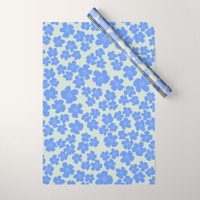 Blue flower blossom scatter on soft green Wrapping Paper Gallery Image 1