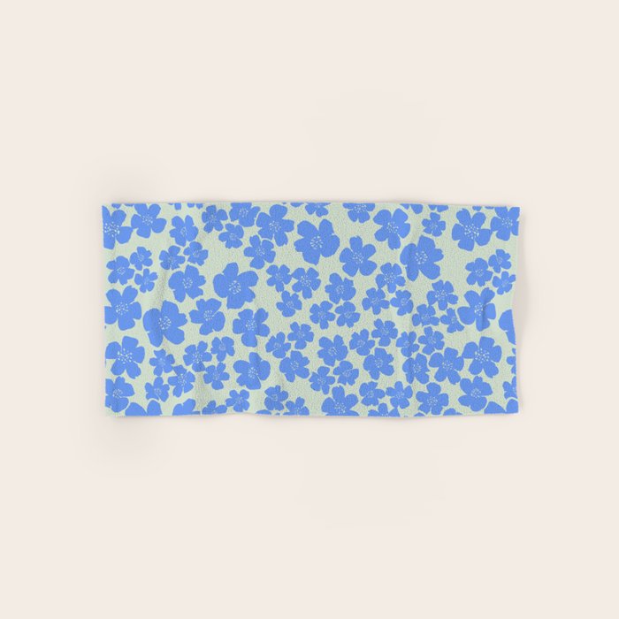 Blue flower blossom scatter on soft green Bath Towel Gallery Image 1