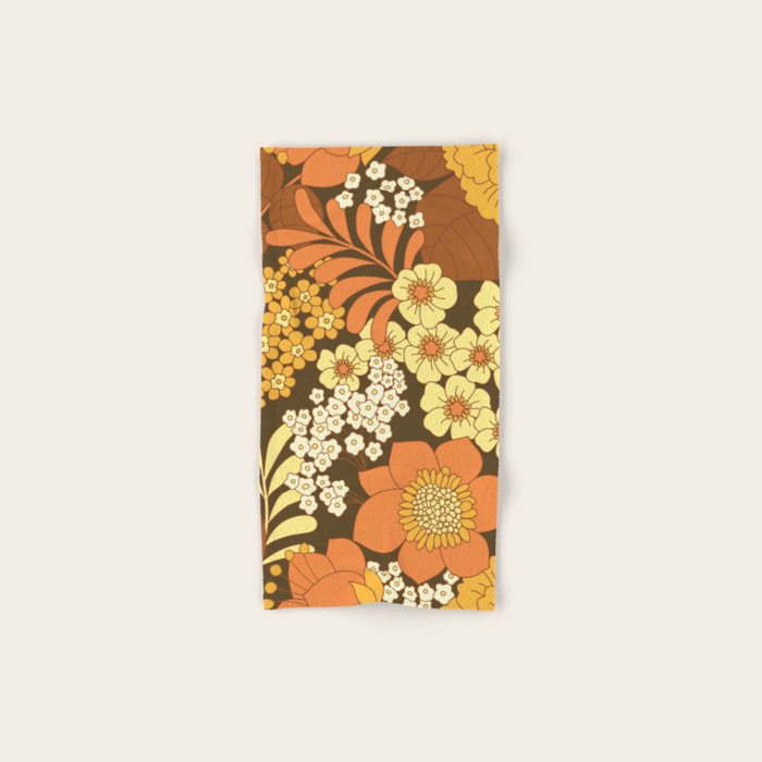 Brown, Yellow, Orange qnd Ivory Retro Flowers Bath Towel Gallery Image 1