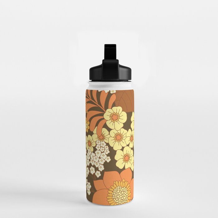 Brown, Yellow, Orange qnd Ivory Retro Flowers Water Bottle Gallery Image 2