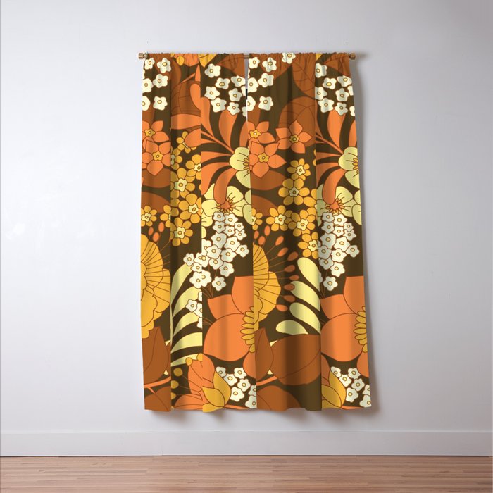 Brown, Yellow, Orange qnd Ivory Retro Flowers Window Curtain Gallery Image 3