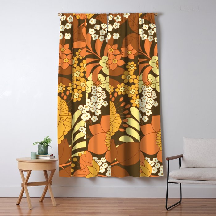 Brown, Yellow, Orange qnd Ivory Retro Flowers Window Curtain Gallery Image 1