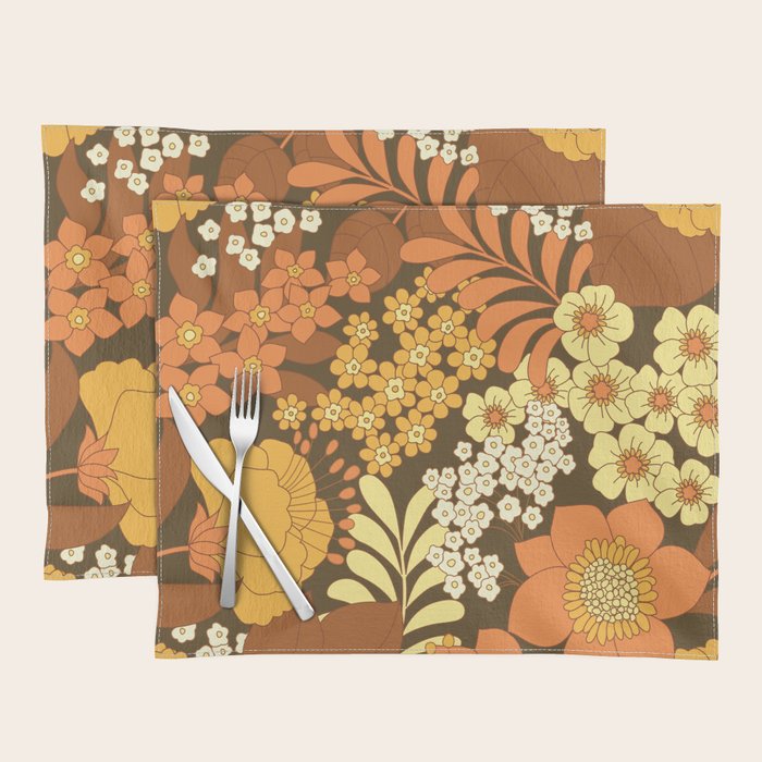 Brown, Yellow, Orange qnd Ivory Retro Flowers Placemat Gallery Image 1