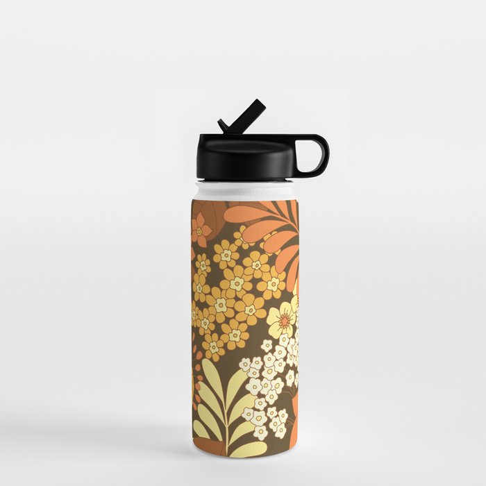 Brown, Yellow, Orange qnd Ivory Retro Flowers Water Bottle Gallery Image 1