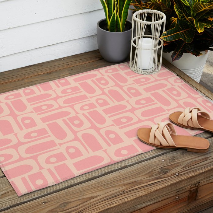 Mid Century Modern Piquet Multi Abstract Geometric Pattern in Pale Blush Pink Outdoor Rug Gallery Image 2