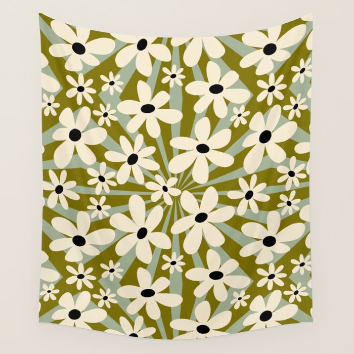 Retro Psychedelic Daisy Flower - Green Color Wall Tapestry Gallery Image 1