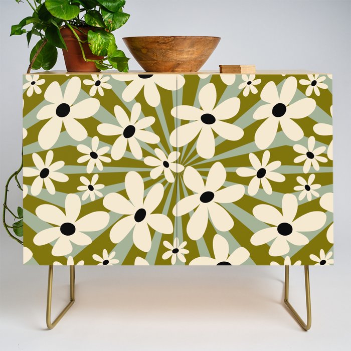 Retro Psychedelic Daisy Flower - Green Color Credenza Gallery Image 1
