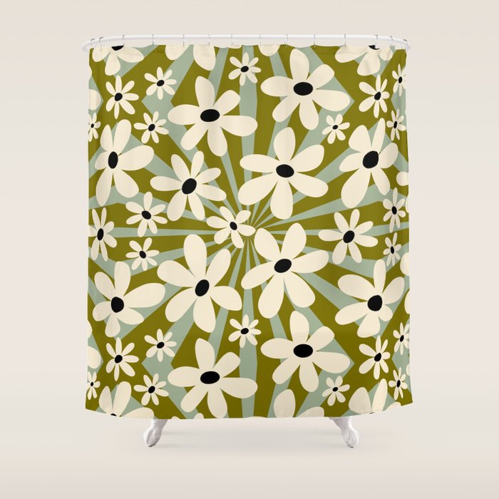 Retro Psychedelic Daisy Flower - Green Color Shower Curtain Gallery Image 1