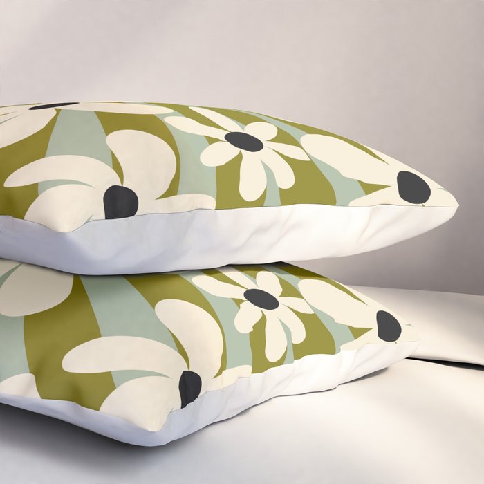 Retro Psychedelic Daisy Flower - Green Color Pillow Sham Gallery Image 3