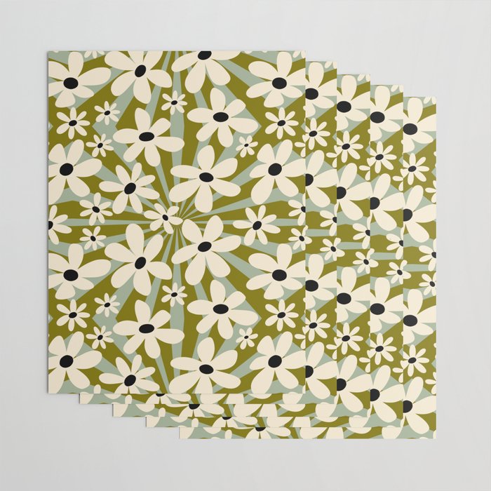 Retro Psychedelic Daisy Flower - Green Color Wrapping Paper Gallery Image 3