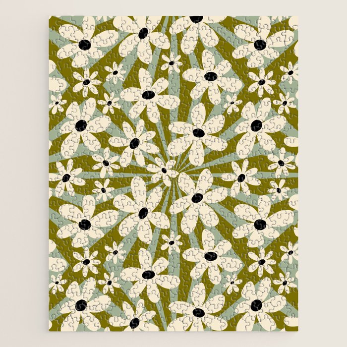 Retro Psychedelic Daisy Flower - Green Color Jigsaw Puzzle Gallery Image 1