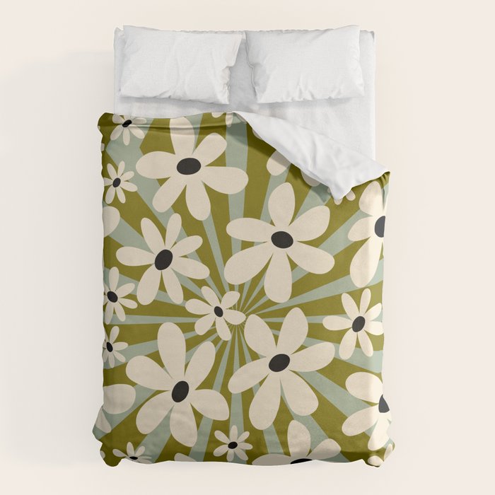 Retro Psychedelic Daisy Flower - Green Color Duvet Cover Gallery Image 6