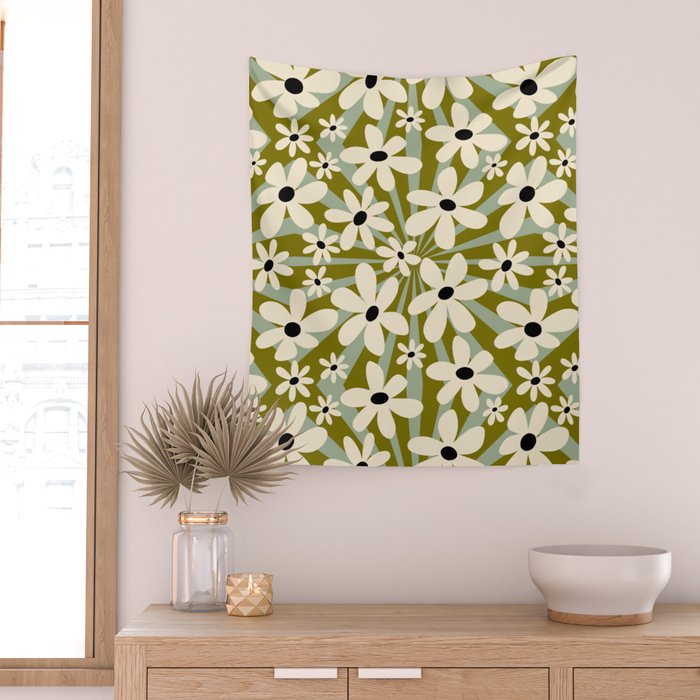 Retro Psychedelic Daisy Flower - Green Color Wall Tapestry Gallery Image 2