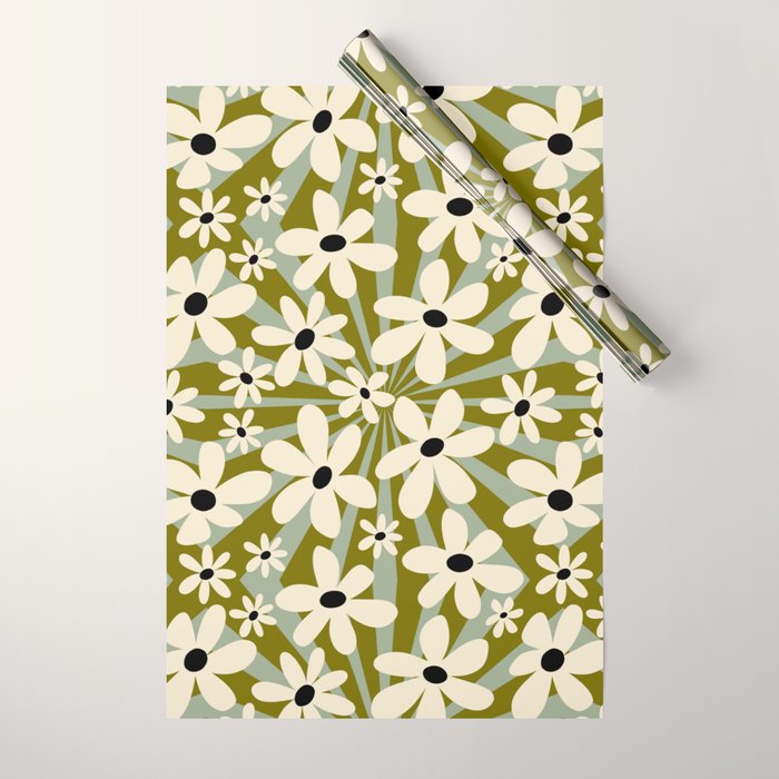 Retro Psychedelic Daisy Flower - Green Color Wrapping Paper Gallery Image 1