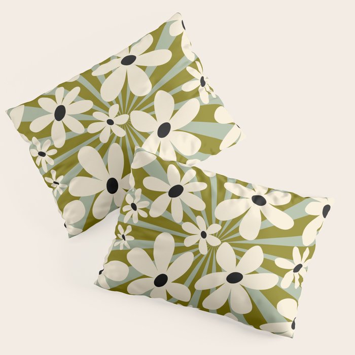 Retro Psychedelic Daisy Flower - Green Color Pillow Sham Gallery Image 1