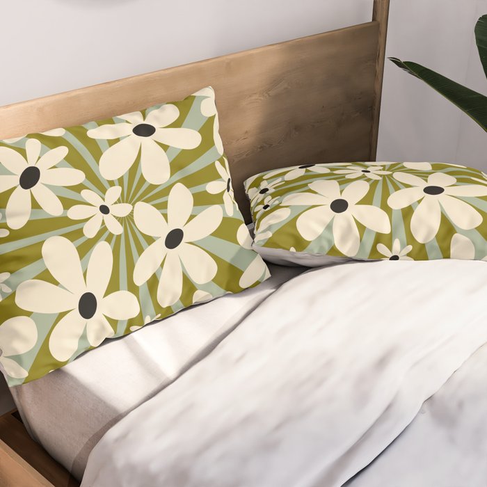 Retro Psychedelic Daisy Flower - Green Color Pillow Sham Gallery Image 2