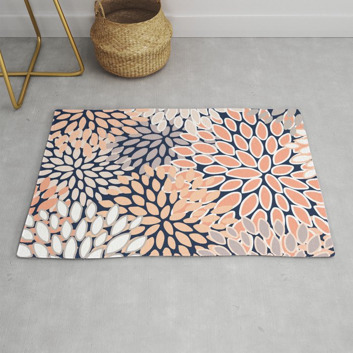 Floral Prints, Navy, Coral, Peach and Gray, Abstract Art, Coloured Prints Rug Gallery Image 1