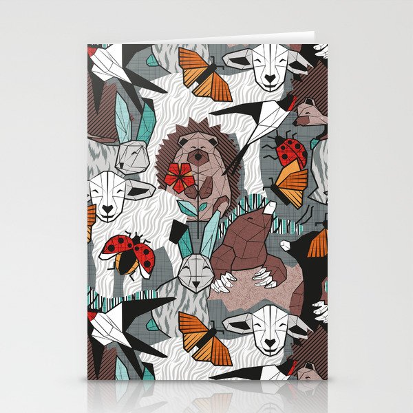 Geo spring animal party // green grey linen texture background brown aqua mint orange and neon red details Stationery Card Gallery Image 1